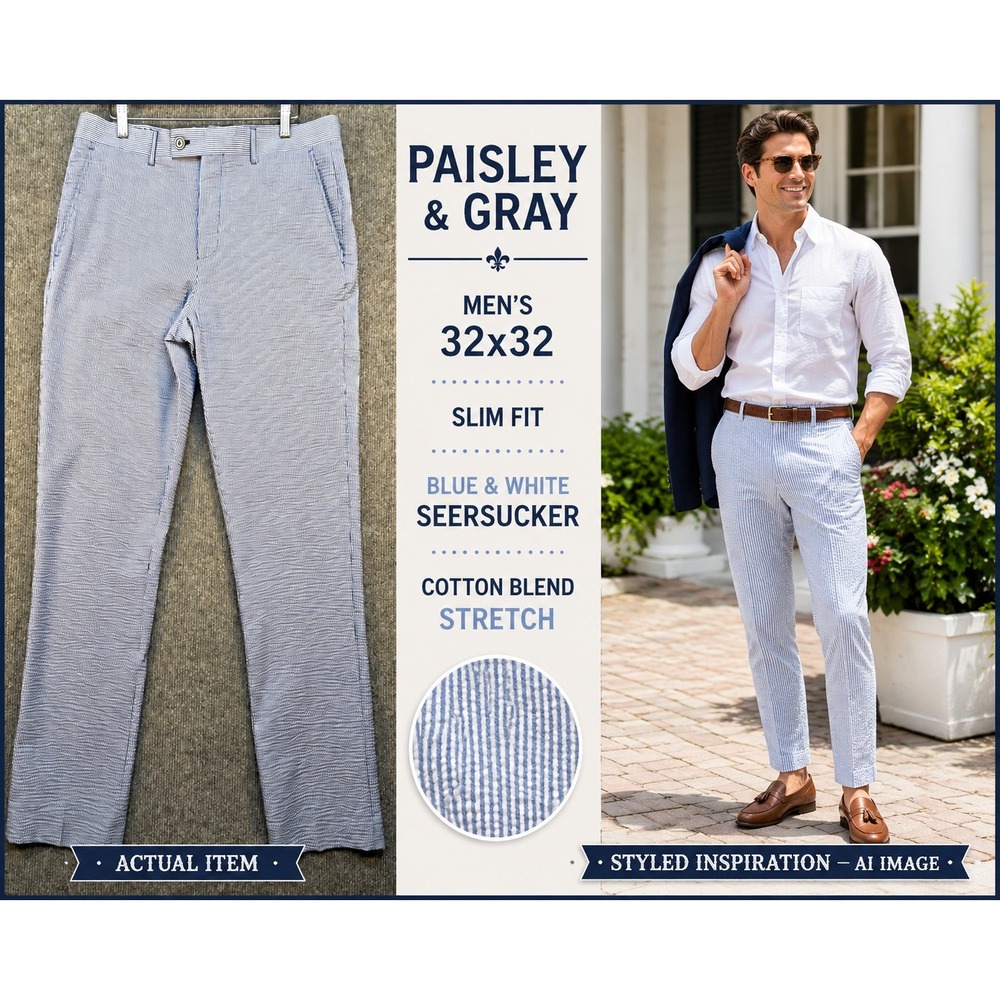 Paisley & Gray Slim Fit Seersucker Pants Men's 32x32 Blue White Striped Preppy